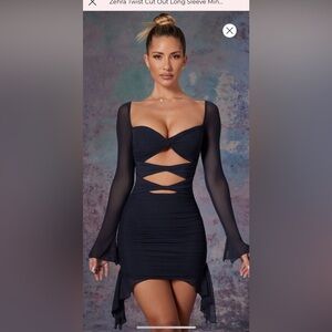 Twist Cut Out Long Sleeve Mini Dress in Midnight Black